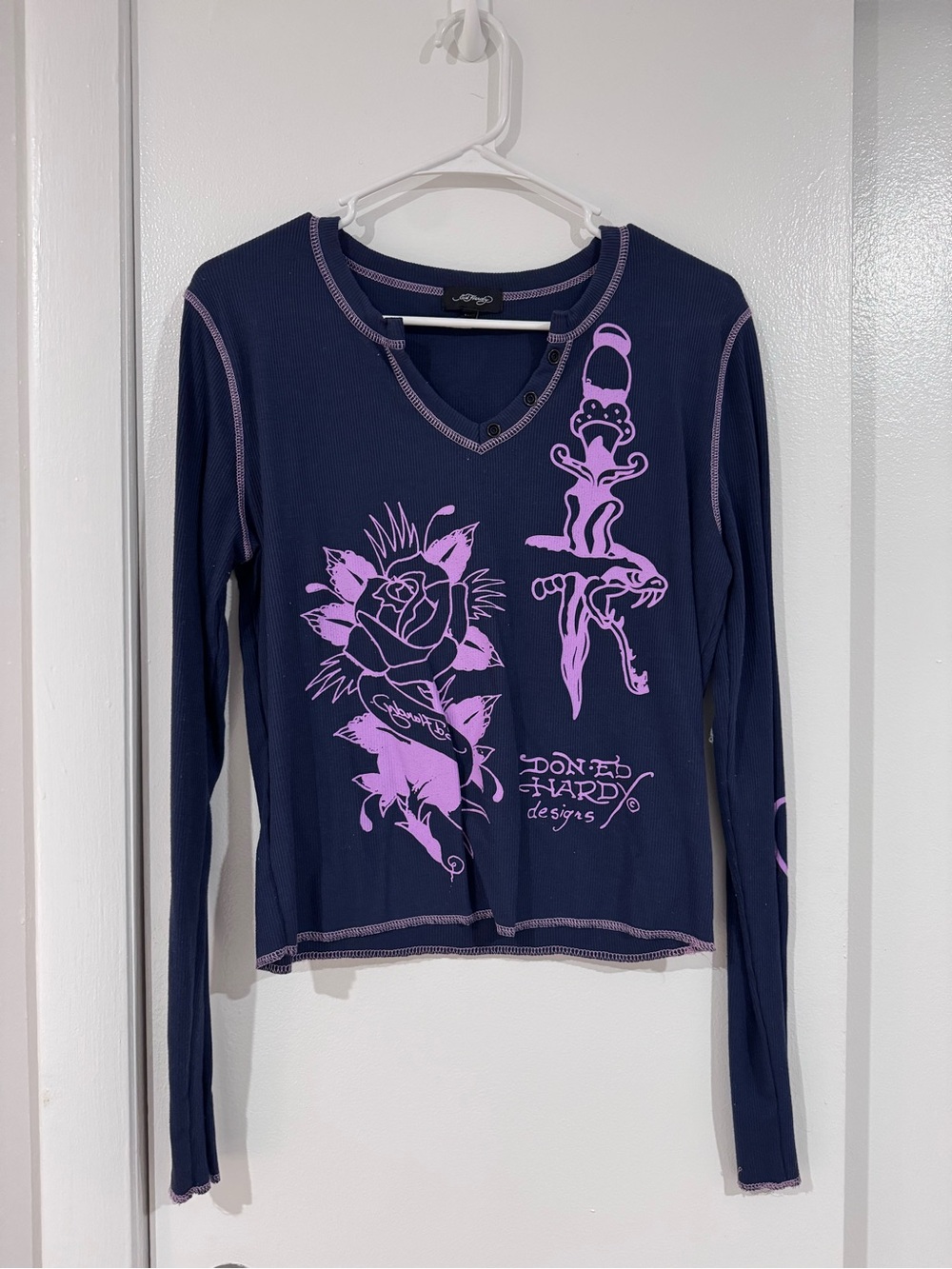 Ed Hardy Navy Long-Sleeve Graphic Tee with Pink Rose & Dagger
